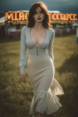 Female model in dress, golden hour. Strolling over grass, state fair and marquee in distance behind her.