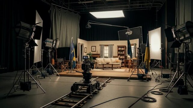 A professional film set with a camera on a dolly, lighting equipment, and a living room scene, revealing the process of movie and television production in the entertainment industry