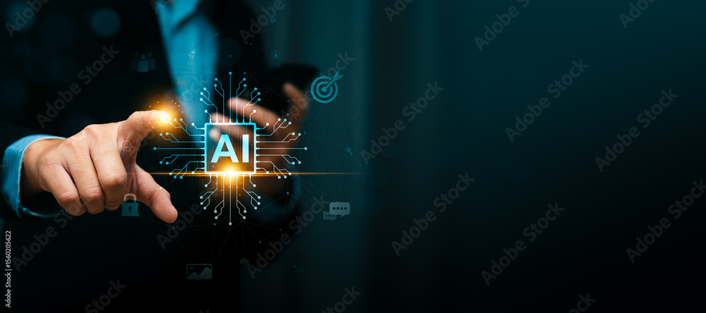 Aufkleber artificial intelligence technology in business innovation with a businessman interacting with a futu