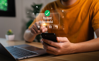 Businessman hand holding smartphone making successful online payment with mobile banking...
