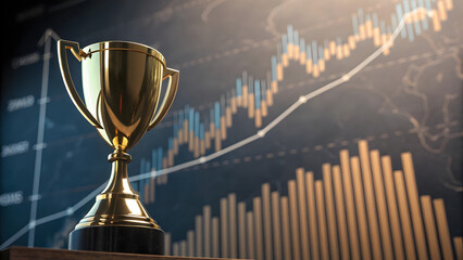 Golden trophy symbolizing success and achievement against a backdrop of financial charts.