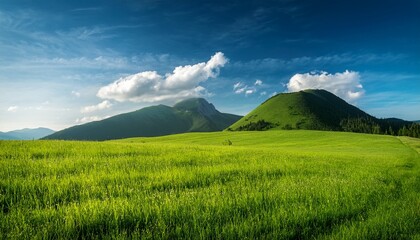 Fototapeta premium landscape of green grass field and sky with mountain