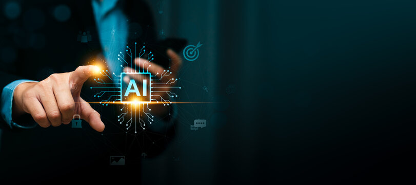 Artificial intelligence technology in business innovation with a businessman interacting with a futuristic AI interface, symbolizing machine learning, automation, and digital transformation - Powered by Adobe