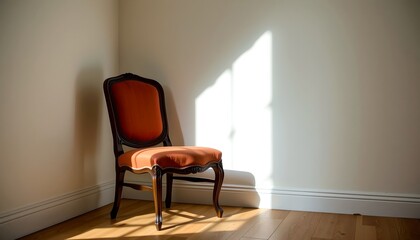 a vintage chair bathed in sunlight in a corner of a room. The chair is orange and wooden, casting a shadow on the light-colored floor