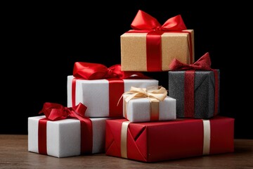 Obraz premium Stack of six presents white red gold and black with ribbons arranged on a wooden surface against a black backdrop