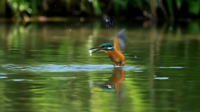 Kingfisher diving swiftly into river to catch fish with water splash