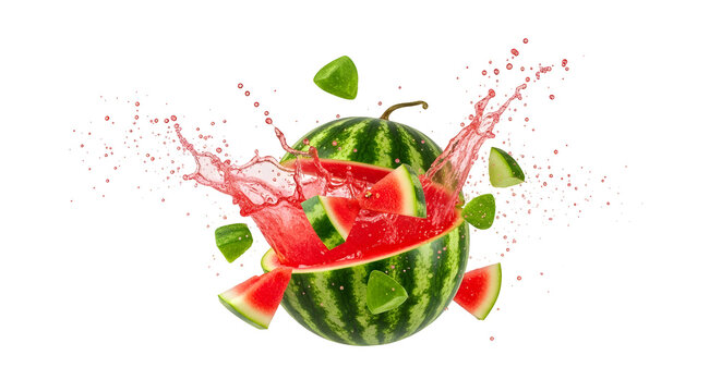 Watermelon explosion with slices and splash isolated on transparent background
