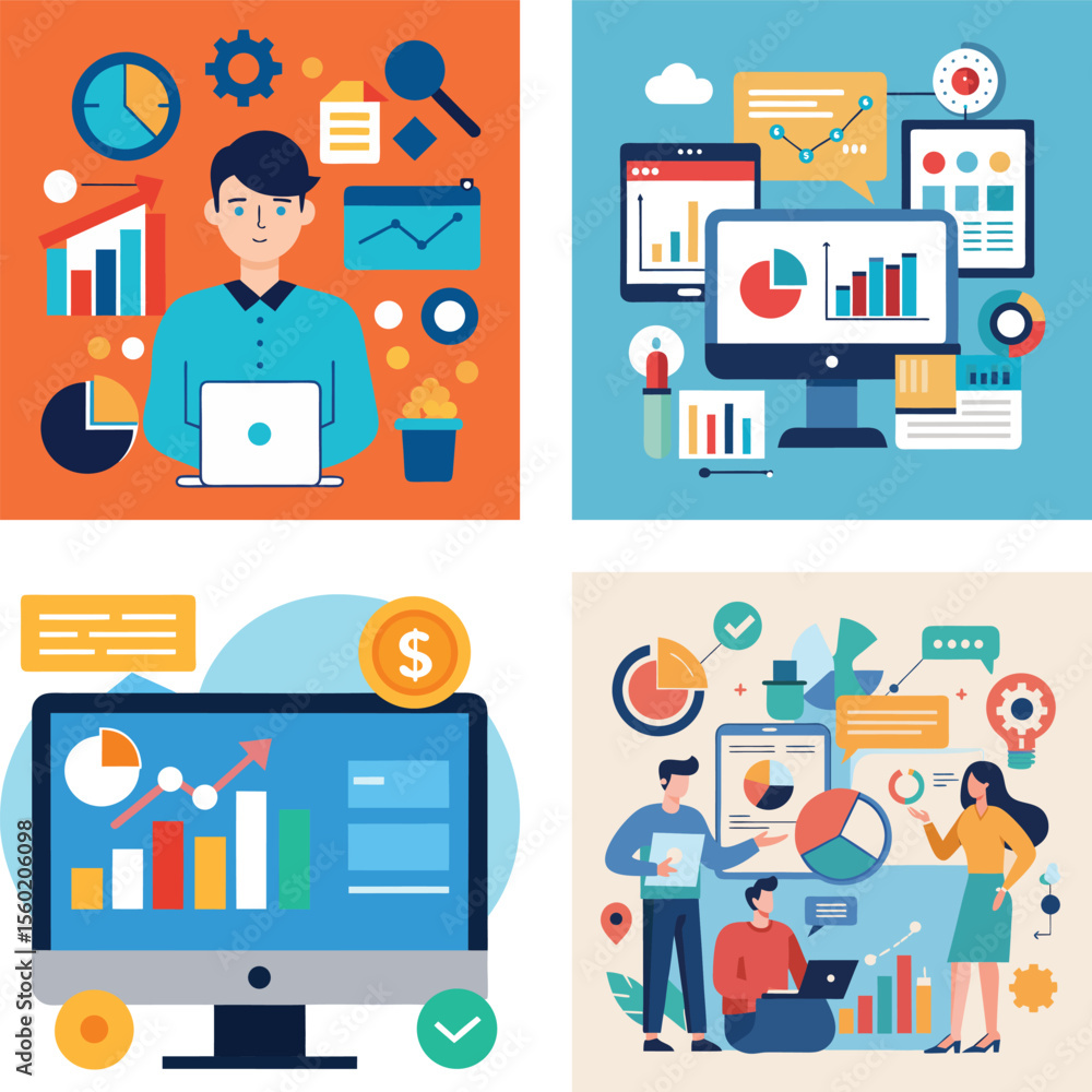 Aufkleber vector art of colorful vector illustrations depict business people using laptops and analyzing data 