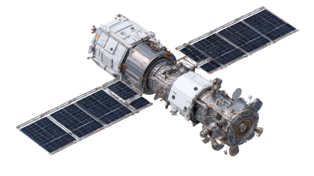  Orbiting Advanced Earth Observation Satellite - High-tech satellite orbiting Earth on transparent background