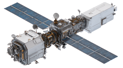  Orbiting Advanced Earth Observation Satellite - High-tech satellite orbiting Earth on transparent background
