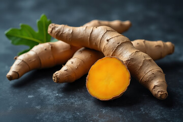 Vibrant Turmeric Roots Displayed on Dark Surface with Cross Section Revealing Intense Yellow Hue