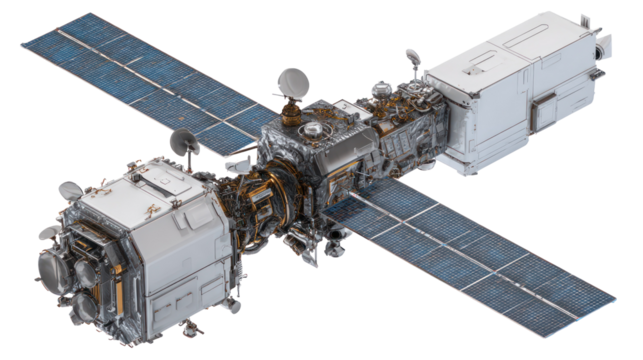  Orbiting Advanced Earth Observation Satellite - High-tech satellite orbiting Earth on transparent background