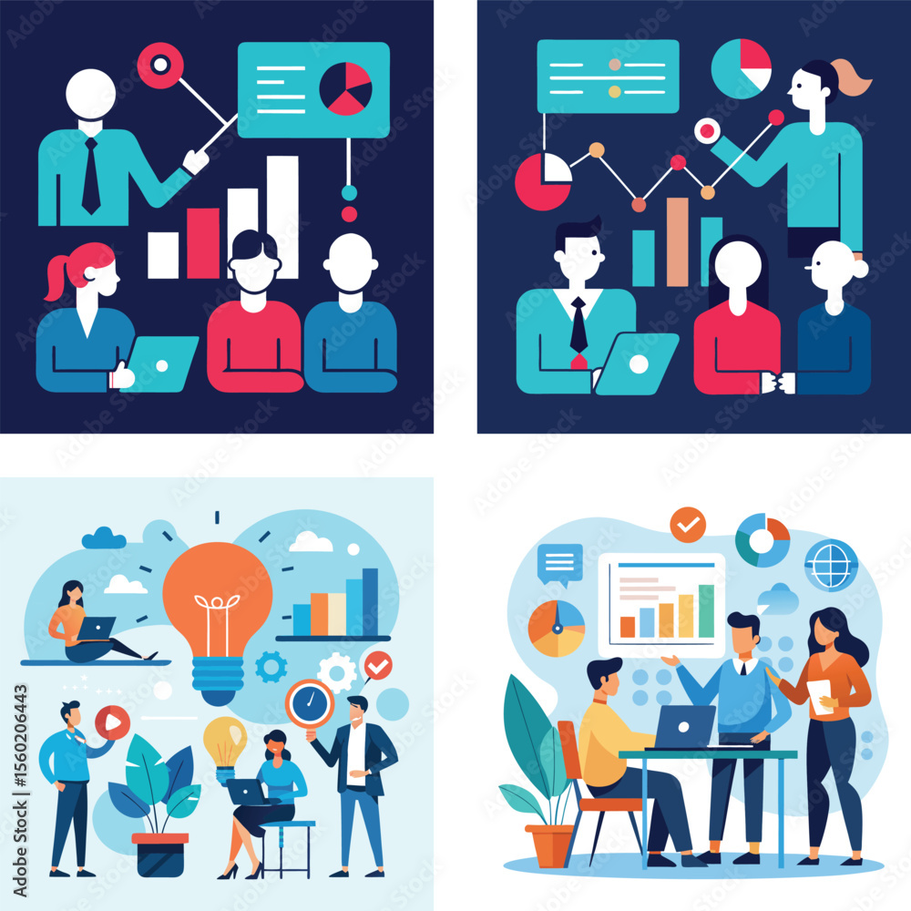 Poster vector art of a set of vector illustrations shows business teams collaborating on data analysis, pre