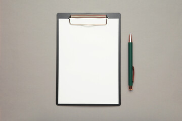Pen and black clipboard with paper on grey background.