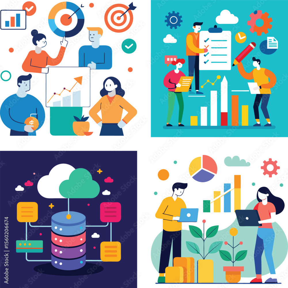 Poster vector art of vector illustrations depict business teams working on data analysis, project planning,