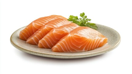 A photograph of three pieces of salmon sashimi