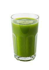 A vibrant green smoothie in a clear glass, set against a dark background. Refreshing and healthy