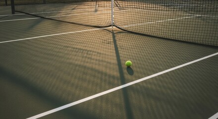 A tennis ball and a long net shadow on a green court during the golden hour of sunset. A peaceful and serene sports background.