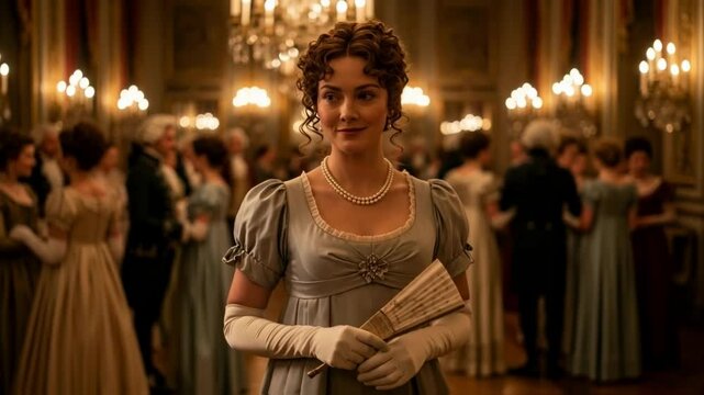 A graceful woman in a regency gown walks through a lavish ballroom holding a fan, embodying the romance, elegance, and social life of the 19th-century aristocracy