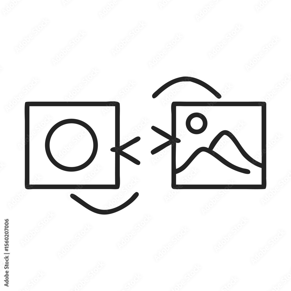 Poster simple line art showing a transformation between two images, depicting a circle and a scenic landsca