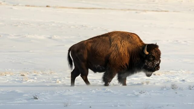 Bison walking across snowy winter landscape in serene wilderness
