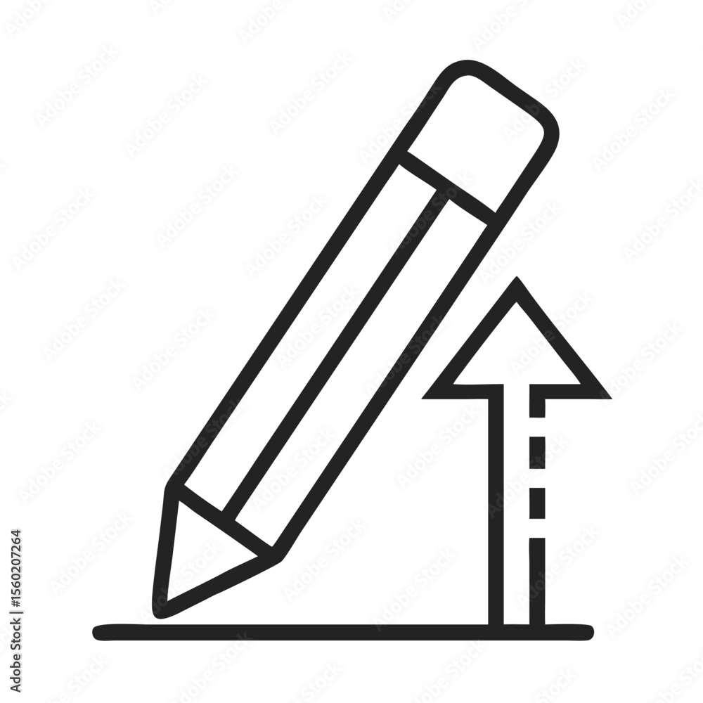 Poster a simple line drawing of a pencil positioned at an angle with an upward arrow, symbolizing creativit