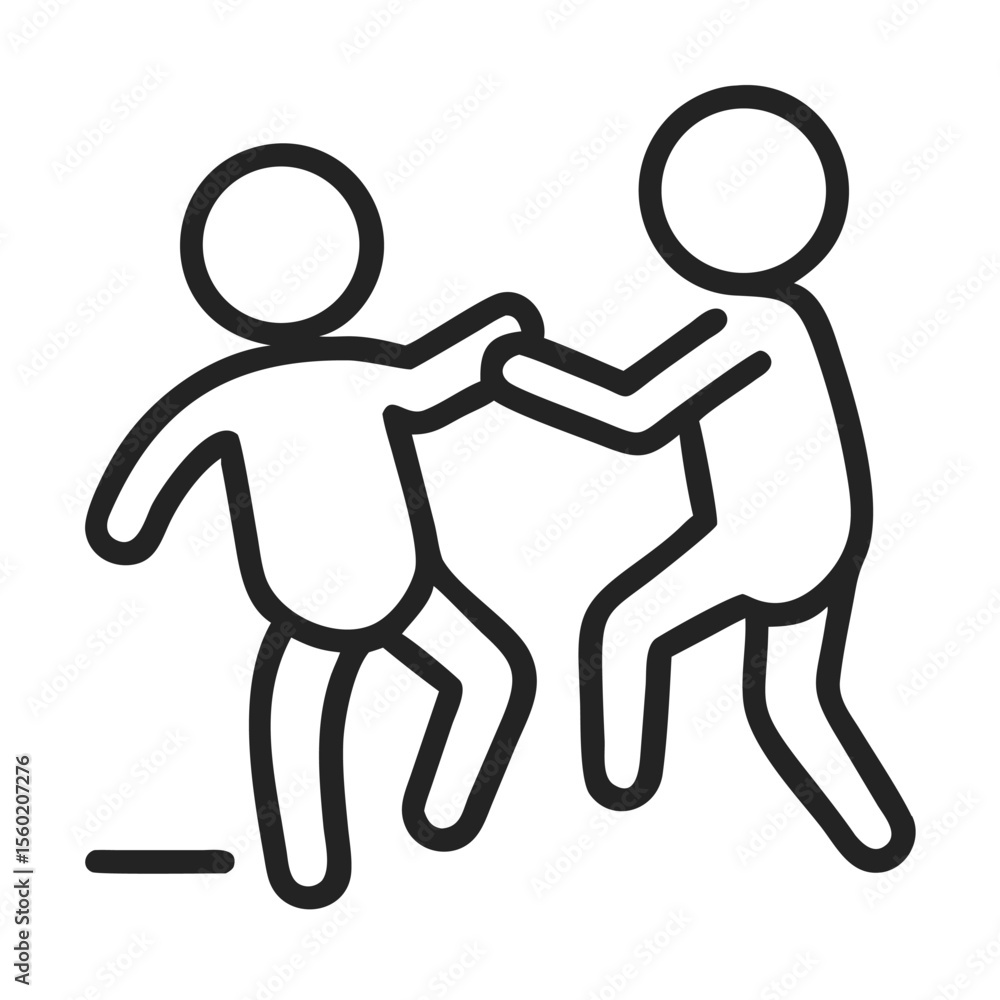 Poster two simplistic figures engaged in a playful tug-of-war, representing teamwork or conflict in a minim