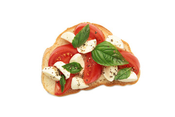 Tasty sandwich with mozzarella cheese, tomatoes and basil isolated on white background. Caprese
