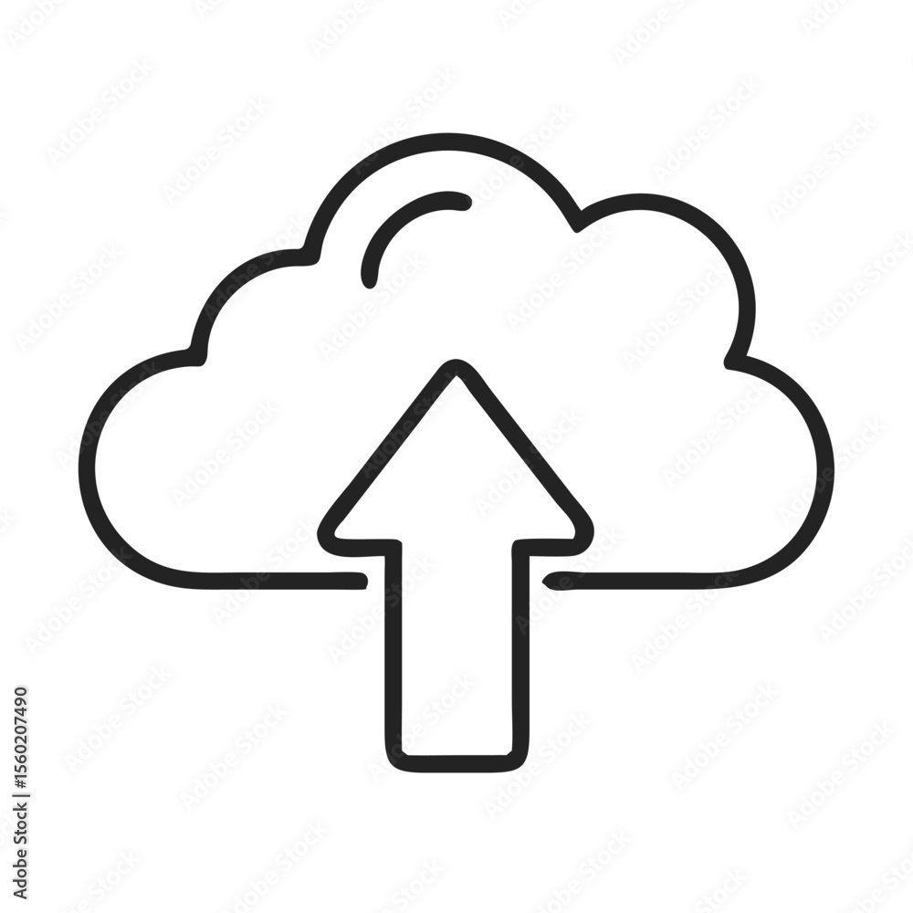Poster a minimalist cloud icon with an upward arrow, symbolizing data upload and cloud storage.