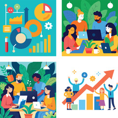 Fototapeta premium Vector art of a collection of vector illustrations showcases diverse teams collaborating on business projects, data analysis, and achieving growth objectives in a vibrant and modern setting