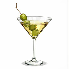 Martini cocktail with green olives in glass on white background  