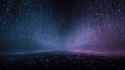 Futuristic digital rain falls onto a glowing, dark landscape, creating a mesmerizing, otherworldly scene.