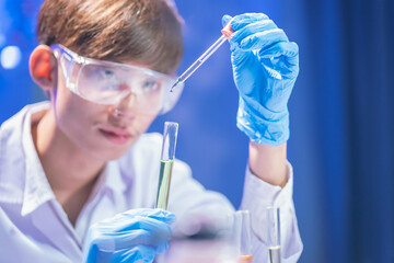 Science students analyze biochemical samples in the advanced science laboratory. Biotechnology research in the science laboratory.