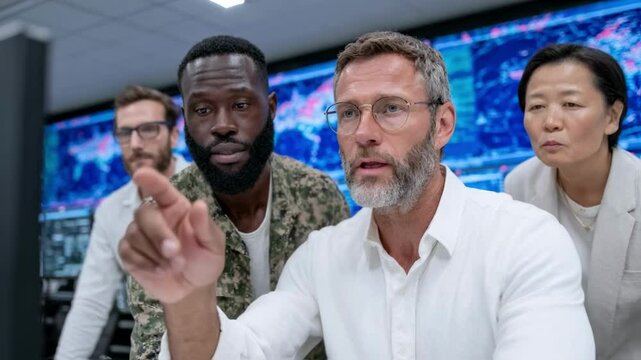 A diverse team of professionals led by a mature man analyzes data on large screens in a high-tech control room, representing collaboration, strategic planning and global monitoring - Powered by Adobe