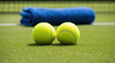 A close-up of two tennis balls on a lawn court, with a rolled-up blue towel and the net out of focus in the distance.