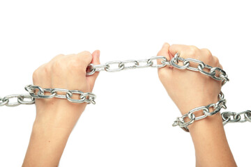 Hands are chained in chains isolated on white background