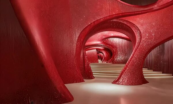 Sparkling red interior design with arches and glowing walls.