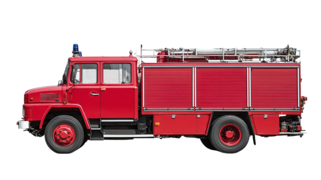 Fire engine, red fire truck, side view, isolated on white background