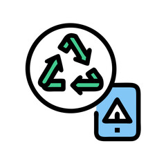 Stylized recycling symbol with a warning sign on a smartphone, representing awareness of electronic waste