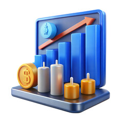 3d financial growth chart with dollar coin and candlesticks isolated on transparent background
