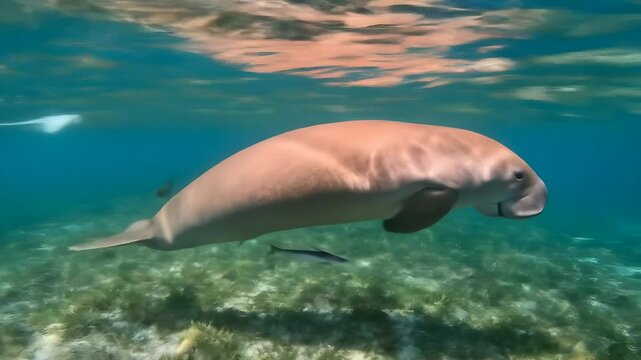 Dugong swimming underwater through tropical seagrass habitat