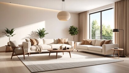 Fototapeta premium A bright, modern living room with beige sofas, plants, and natural light.