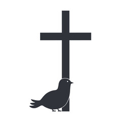 Silhouette cross and dove funeral icon. Christian vector logo, church symbol, burial ritual. Design element for Morning wishes, condolence, card, invitation, cremation, flyer. Hand drawn illustration