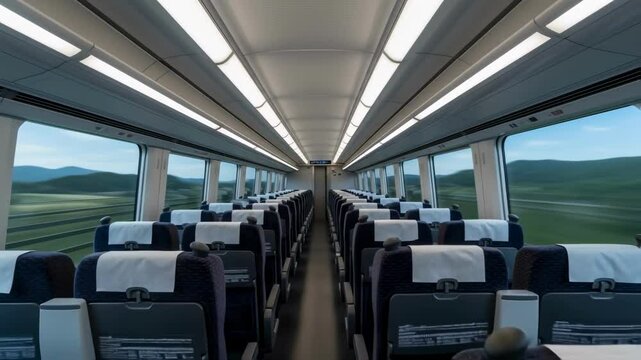 The interior of an empty modern high-speed train in motion, with rows of clean seats and a futuristic design, representing efficient public transportation and contemporary travel