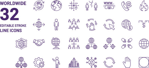Obraz premium Worldwide business connection and global network editable stroke line icon vector illustration set design