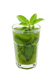 A clear glass is filled with water and fresh, vibrant green basil leaves and herbs