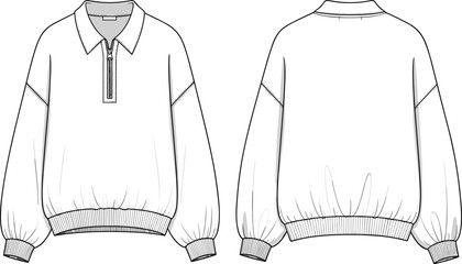 Quarter zip sweatshirt vector illustration, fashion cad drawing, pullover front and back view, ribbed hem cuffs collar design template