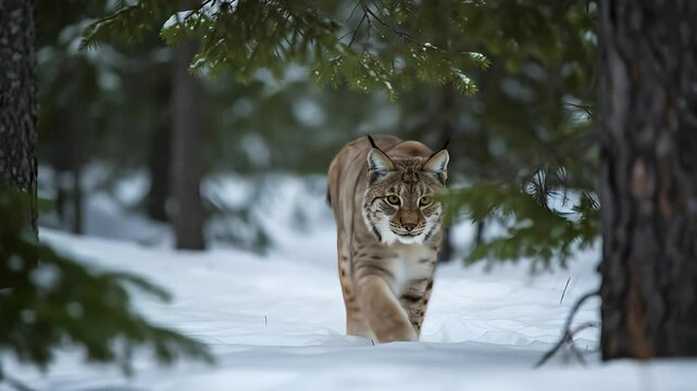 Eurasian lynx walking in snowy forest during winter season