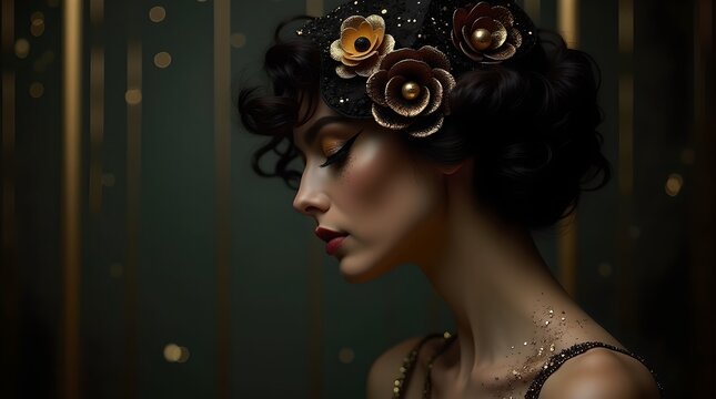 Elegant Woman in 1920s Style with Floral Headpiece, Gold Accents, Vintage Glamour, and Dark Background