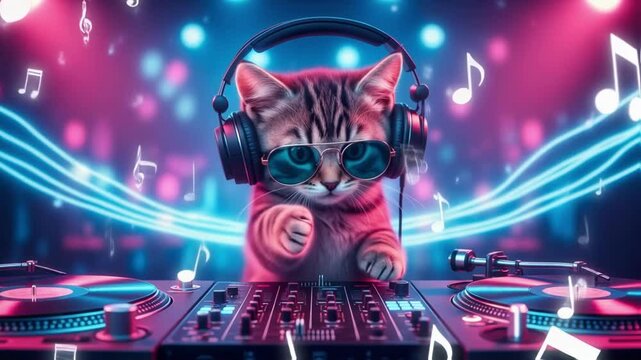 A cool cat in headphones and sunglasses plays a dj set at a turntable with neon lights and musical notes, representing fun, parties, music, and creative entertainment concepts